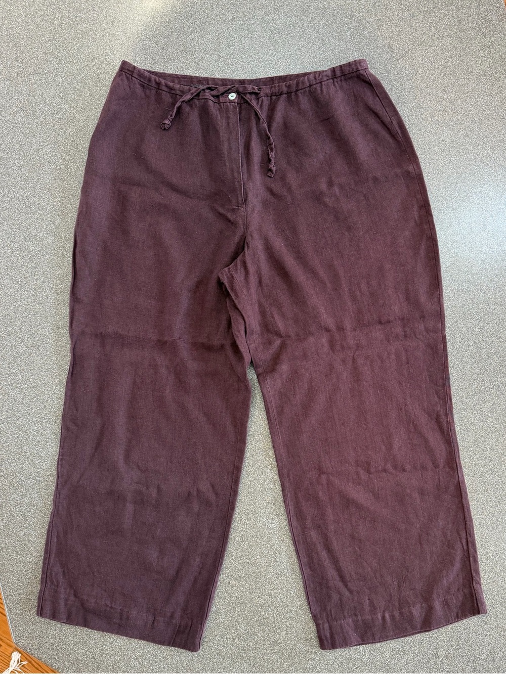 Olsen Wide Leg Linen Pants. Raisin Color. Zipper, Button, and Drawstring